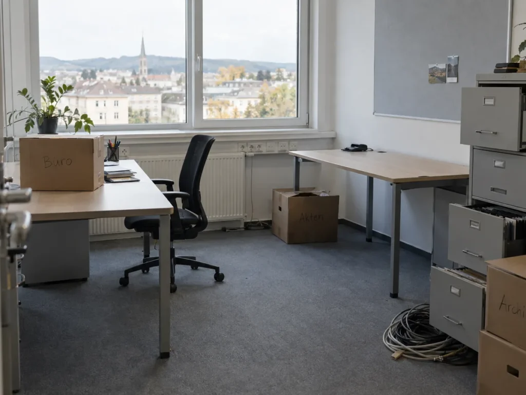 Leeres Büro mit Kartons vor der Büroräumung, Symbolbild