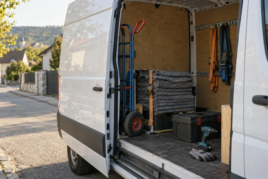 Ausrüstung im Kleintransporter: Sackkarre, Decken und Werkzeug, Symbolbild für M und M Service St. Pölten